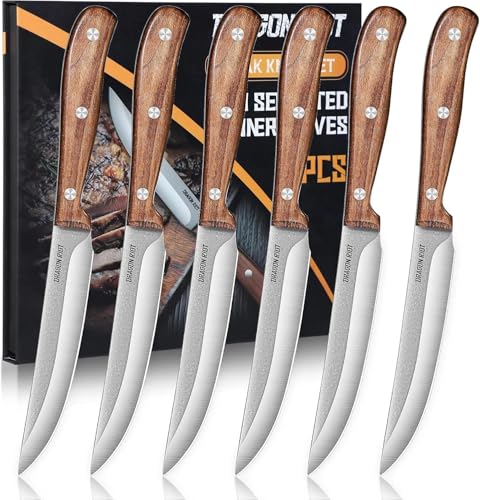 DRAGON RIOT Set De Couteau A Steak 6 Pièces, Couteaux À Steak Avec Manche En Bois, Set De Couteaux De Table Avec Coffret Cadeau