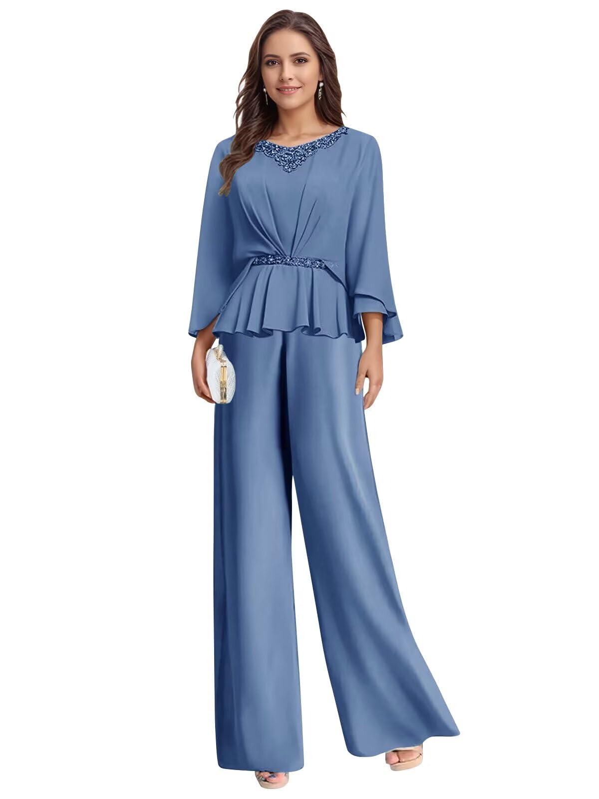 Elegant Chiffon Mother of The Bride Pantsuit for Wedding Womens 2 Pieces Beaded Formal Pant Suits