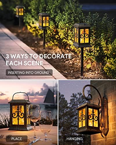 RGBING Solar Lanterns Outdoor, 2 Pack Hanging Solar Garden Lanterns with Realistic Flickering Flame LED, With ground plug and clip, IP65 Waterproof for Garden Patio Halloween Christmas Party