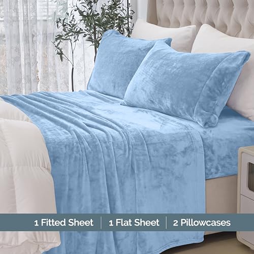 Elegant Comfort Luxuriously Soft 4-Piece Velvet Plush Flannel Sheet Set - Premium Quality - Cozy Warm, Anti-Static, Non Pilling Fuzzy Velvet Flannel Fleece Deep Pocket Sheet Set - Queen, Denim Blue