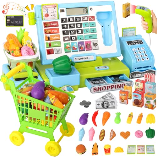 Jouet Caisse Enregistreuse Enfant Réelle - Jeu de Rôle Supermarché avec Caddie et Argent - Cadeau Éducatif pour...