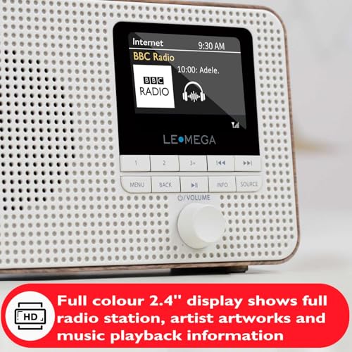 Image of LeMega IR1 Internet Radio, Podcasts, Bluetooth, FM, Walnut | Alarm clock, full colour display, mains or AA battery, compact kitchen radio, snooze, sleep timer, 40 presets