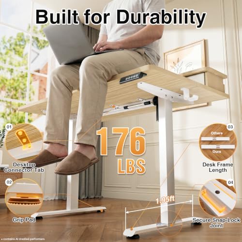 Image of Veken 47x28 in Electric Standing Desk with Drawers, Adjustable Table, Wood | Stand up Computer Desk for Home Office, Work & Study, with Storage, 3 Memory Presets, Cable Organizer, Hook, and Quiet Lift.