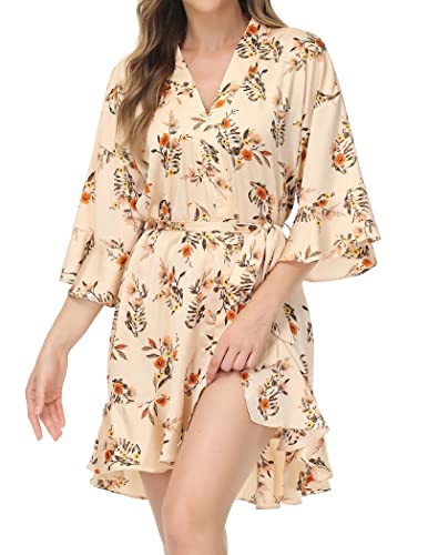 Zexxxy Womens Floral Robe Kimono Oblique V-Neck Ruffle Bridesmaid Bathrobe Wedding Party Bathrobe #TOP18