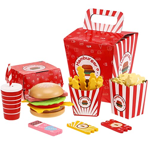 TOYANDONA Wooden Fast Food Burger Fries Deluxe Dinner Set, Kitchen Pretend Play Accessories Toy, Realistic Burger Fries Pretend Play Food Set Toy House Props Educational Gifts