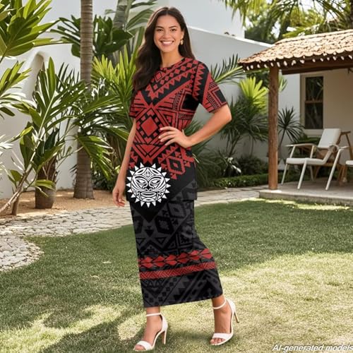 Image of Polynesian Dress for Women Short Sleeve High Waist Maxi Skirt | Puletasi dress, t-shirt and skirt two-piece, elastic material, lightweight, soft, plus size, luau party, wedding, clubwear