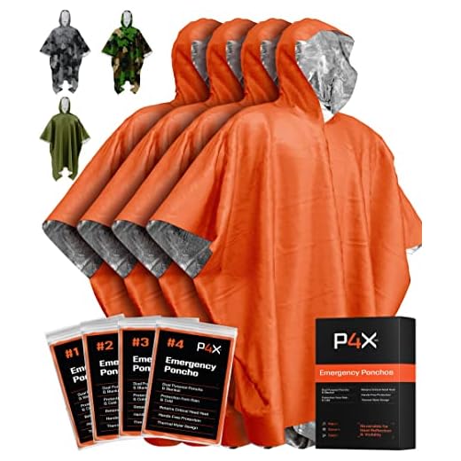 Emergency Blankets & Rain Poncho Hybrid Survival Gear and Equipment – Tough, Waterproof Camping Gear Outdoor Blanket – Retains 90% of Heat + Reflective Side for Increased Visibility – 4 Pack (Orange)