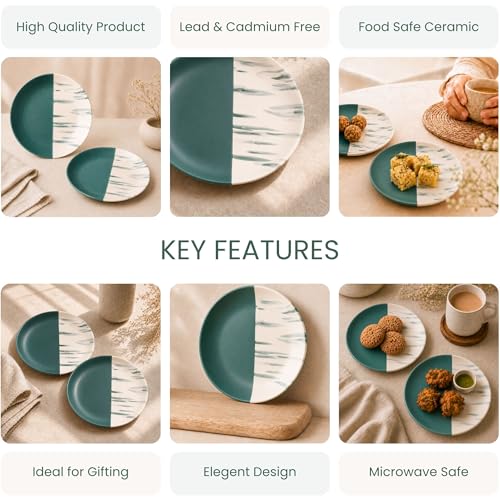 Image of The Earth Store Dual Tone Teal Italian 7 Inch Ceramic Quarter Plates Set of 6 | Microwave & Dishwasher Safe Plate | Half Plate for Dessert, Snacks, Dinner | Snack Plates for Gifting, Daily Use