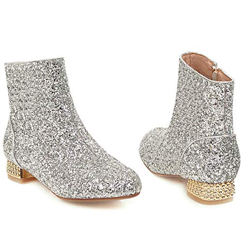 Mavmax Women's Sequin Flat Ankle Boots Glitter Low Chunky Heel Booties Wedding Winter Shoes Us 7.5, Silver #TOP1