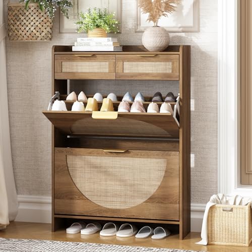 WINWY Rattan Shoe Storage Cabinet with 2 Flip Drawers & 2 Drawers, Freestanding Organizer for Front Door Entrance, Hidden Narrow Shoe Rack Cabinet Storage for Entryway, Rustic Oak Rattan