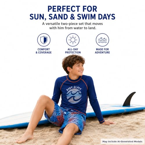 Image of Body Glove Boys Swim Set - 2 Piece Boys Swim Trunks with Rash Guard UV Protection Swimsuit Kids Bathing Suits (Sizes 4-12)