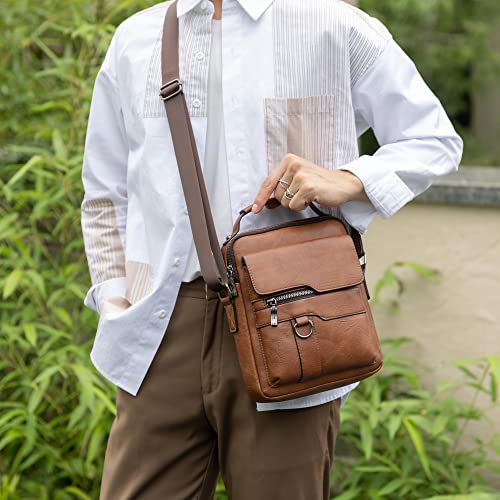 Mnodwlof Small Crossbody Bags For Men Leather Shoulder Bag Messenger Travel Man Purse Handbag For Ipad 9.7" Work Business Brown #TOP5