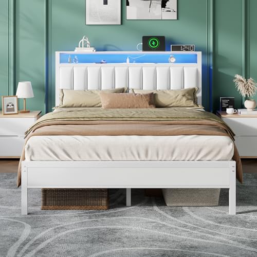 Image of Furnulem White Queen Bed Frame with Charging Station & Led Lights, PU Leather Upholstered Headboard with 2-Tier Storage Shelves, No Box Spring Needed, Metal Slat Support, Easy Assembly