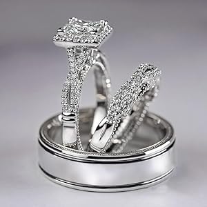 Luxury Princess Cut Cubic Zirconia Bridal Marriage Set Rings for Women Wedding Jewelry, 7, Brass, Cubic Zirconia