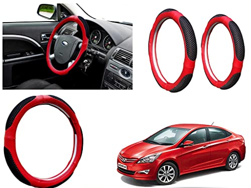Image of Microfiber Car Steering Wheel Cover, Soft Padding Great Hand Feel, Anti-Slip, Faux Leather Steering Cover for Hyundai Verna Fluidic 4S | Black Red Jali - Pack of 1