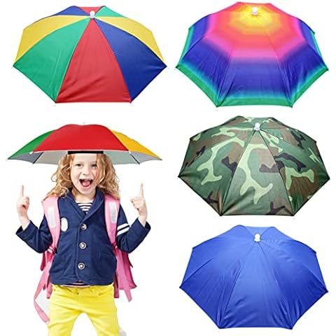MUFEKUM 4 Pack Umbrella Hats, 20.5" Hands-Free Head Umbrella Hats for Kids, Folding Waterproof Umbrella Cap With Head Strap for Outdoor Party Fishing Sun Rain Beach Golf Hiking Cover