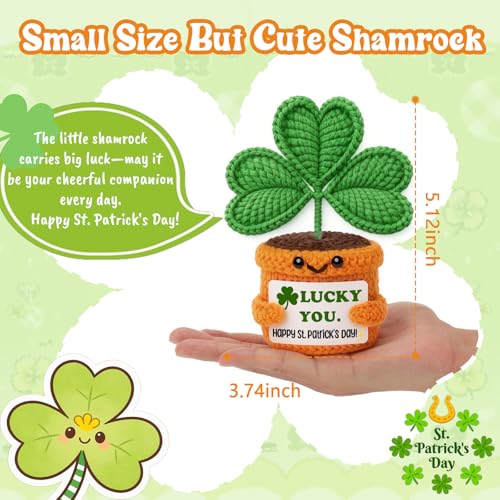 St. Patrick’s Day Shamrock Decor with Card Sign, Handmade Crochet Lucky Clover Desk Ornament for Office Home, Cute Irish Gift Women Teens Coworkers - Image 2