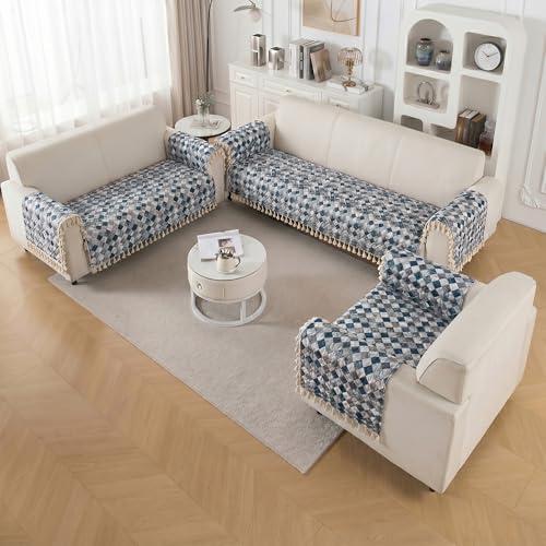 Image of Story@Home Quilted Anti Slip Sofa Cover Mat with 2 Armrest Cover, 3 Seater Velvet Sofa Protector with Tassels | Sofa Cover Mat for 1 /2 /3 Seater & L-Shape Sofa - 76 x 178 Cm - Grey & Cyan