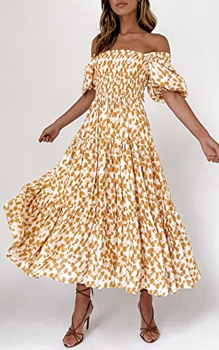 PRETTYGARDEN Women's Boho Floral Print Summer Dresses Square Neck Puff Sleeve A Line Long Dress Smocked Casual Maxi Dress2