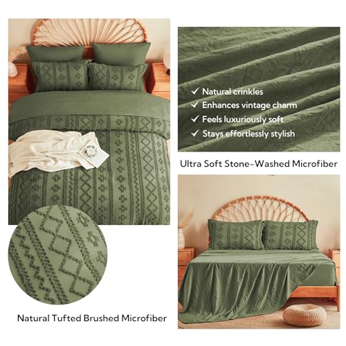 Image of MR&HM Olive Green Boho Comforter Set Queen, Tufted Boho Bedding Set, Farmhouse Shabby Chic Bed in a Bag with 1 Comforter, 2 Pillow Shams, 2 Pillowcases, 1 Flat Sheet, 1 Fitted Sheet for All Seasons