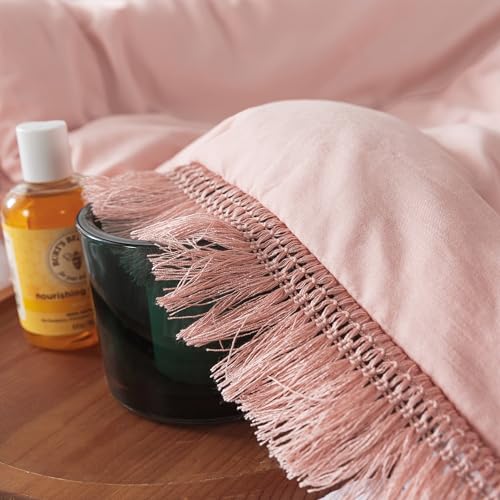 Image of Andency Pink Comforter Set Full Size for Girls, Blush Boho Women Tassel Lightweight Bedding Comforter Sets, 3 Pieces All Season Soft Fluffy Fringe Bed Set (79x90In Comforter & 2 Pillowcases)