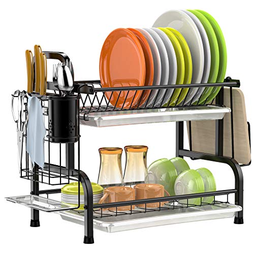 Dish Drying Rack, GSlife 304 Stainless Steel 2 Tier Dish Rack with Trays