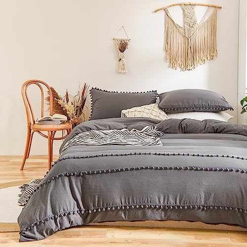 Herside White Duvet Cover Set King Boho Bedding Pom Poms Fringed Soft Washed Microfibre Shabby Chic Bedding Sets with 2 Pillowcases (White,King)