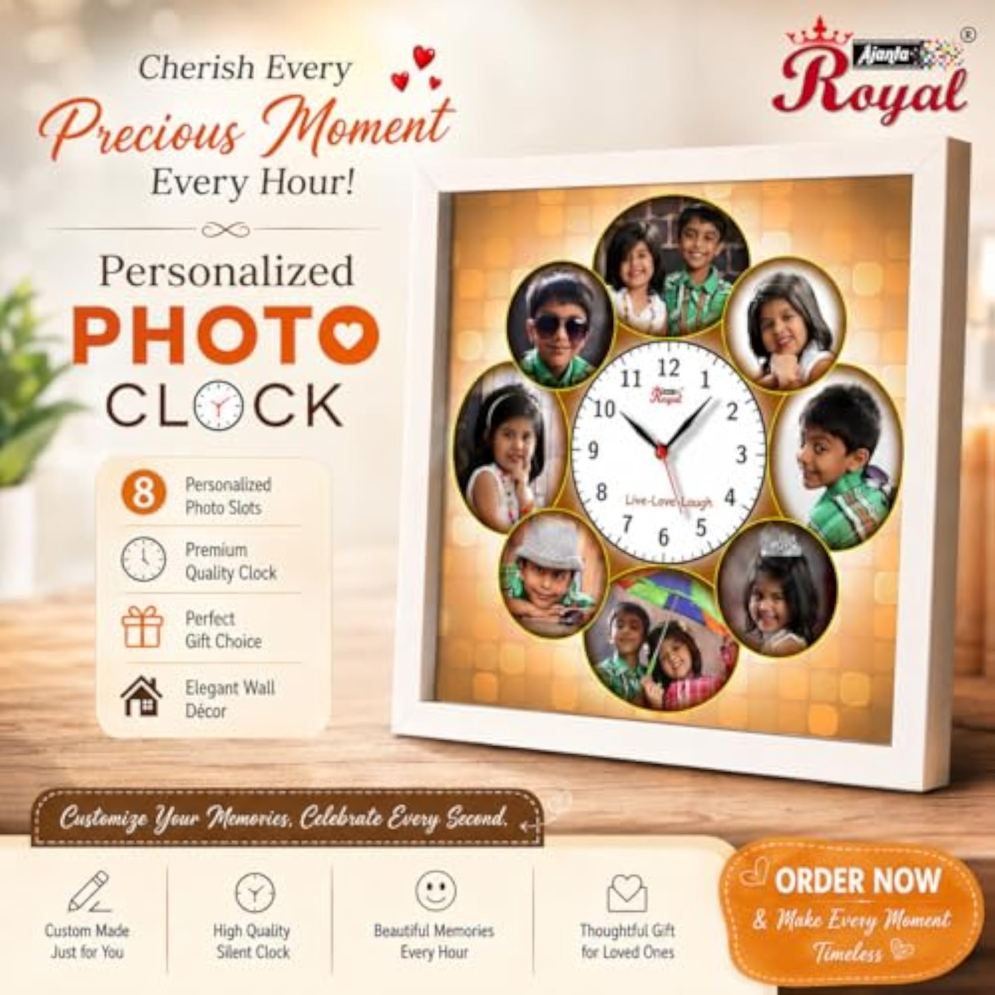 Personalized Photo Frames with Analog Clock, 12" X 12"