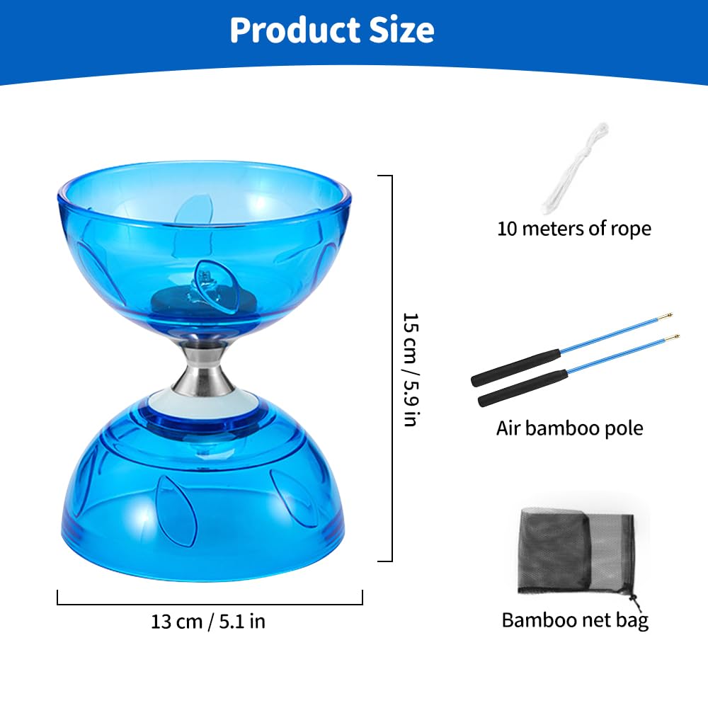 Diabolo Freiläufer mit kugellager Dreifache Lagerung Set, Diabolo mit Kugellager, Diabolos Leuchtend im Dunkeln mit Stange, Netzbeutel, Ersatzseil 10m, Geschenk für Anfänger und Profis (Blau)