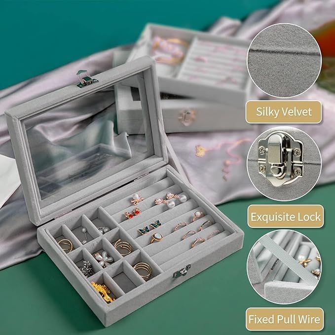 Image of Velvet Jewellry Drawer Organizer Stackable Tray (Grey, Ring+Grid Box)