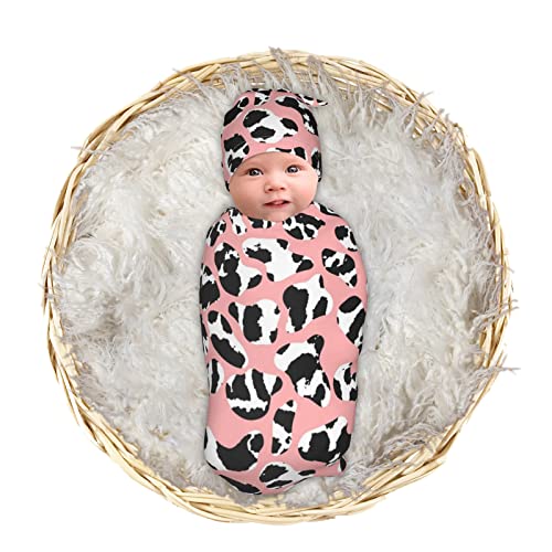 Pink Cow Print Baby Swaddle, Swaddle Me 0-6 Month, Baby Stuff, Newborn Swaddle Blanket Soft Stretchy With Beanie Hat, Nested Bean Swaddle 03 #TOP16