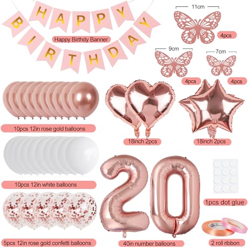 Image of Rose Gold 20th Birthday Decorations for Girl Women, 20 Year Old Sign with Happy Birthday Banner, 40In Number 20 Foil Birthday Balloons, Butterfly Decorations, Heart and Star Balloons