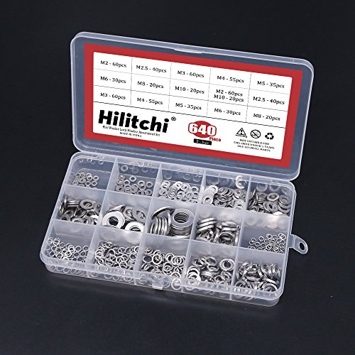Hilitchi 640-Pcs [8-Size] 304 Stainless Steel Flat Washer And Lock Washer Assortment Set - Size Included: M2 M2.5 M3 M4 M5 M6 M8 M10 #TOP4