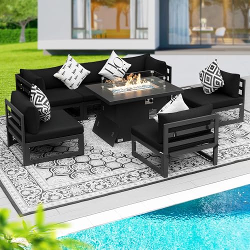 BULEXYARD 7 Pieces Aluminum Patio Furniture Set with Propane Gas Fire Pit Table, Outdoor Furniture Sectional Sofa Conversation Sets with Fire Tables (7 Pcs, Grey/Black W/Firepit)