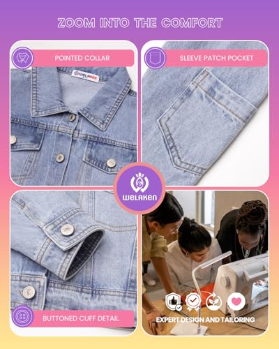 Image of WELAKEN Print Denim Jacket for Girls & Kids II Little Girl's Button Down Crop Jean Jacket Coat