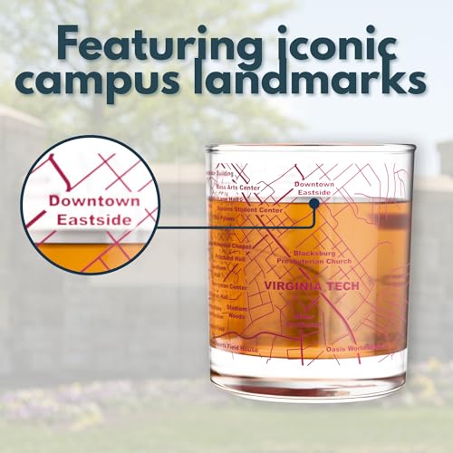 Image of Greenline Goods Virginia Tech University Hokies Whiskey Glasses Set of 2, 10 oz Rocks Glasses with Full-Color Logo & Campus Map - Officially Licensed Bourbon Glass Gift for Alumni & Fans