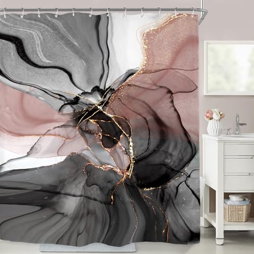 Miyotaa Marble Shower Curtain Set 60Wx71H Inches Black Pink Blush Modern Abstract Ombre Art Contemporary Women Watercolor Polyester Waterproof Bathroom Curtain with 12 Hooks by Miyotaa - Used condition - Image 6