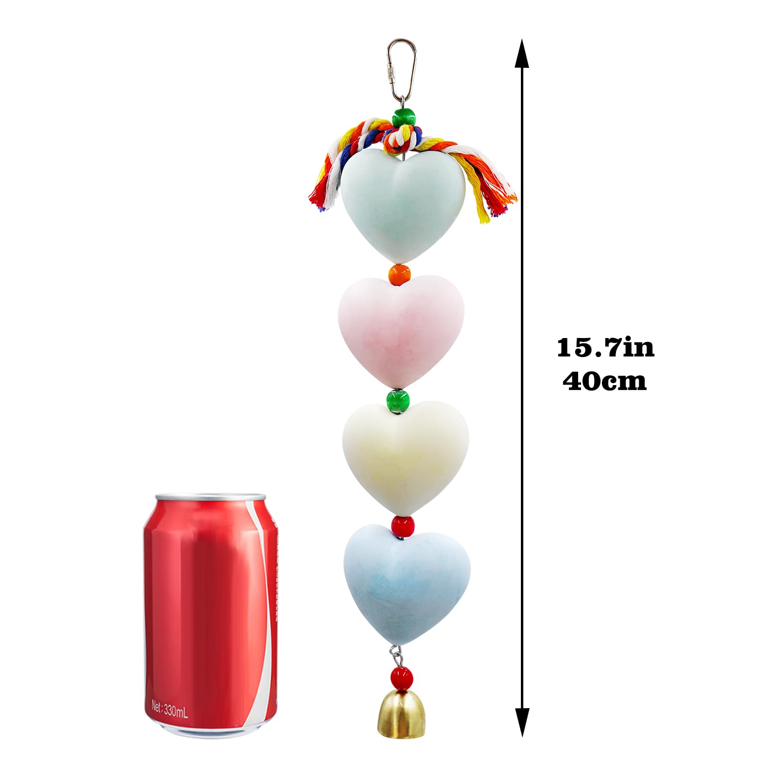 BingegePet Mineral Chew Toy, Heart Shape Colorful Beaded Bird Toys with Bells | Beak Grinding & Foraging Enrichment for African Grey, Amazon Parrots, Budgies, Cockatiels, Conures