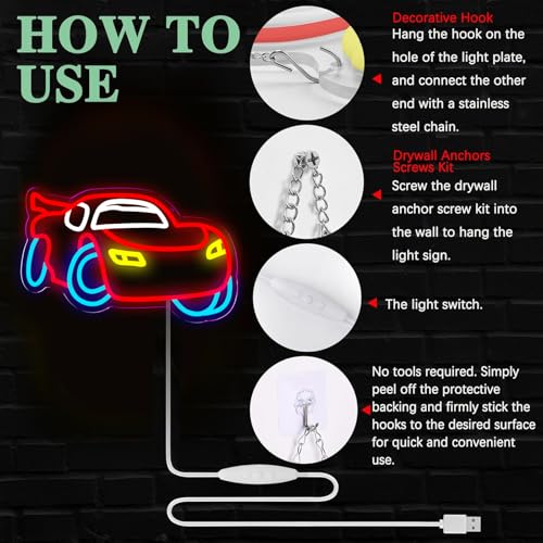 Image of Car Neon Sign Dimmable Racing Car Led Neon Light for Wall Decor for Bedroom Playroom Gameroom Birthday Party Gifts for Boys Girls Fans 15.75x9.06 IN-USB Powered-Acrylic