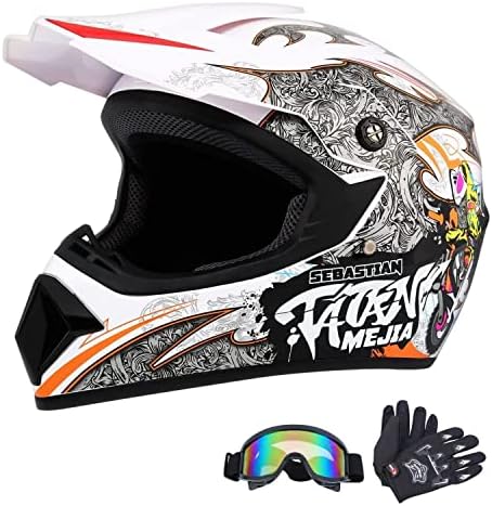 Senhill Motocross Helmet Dirt Bike Helmets Off-Road Helmet with Gloves Goggles for Unisex Adult Youth DOT/FMVSS 218 Approved (Large, White)