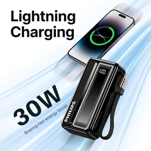 Image of Philips 10000mAh 30W Max Fast Charging Power Bank (Dark Slate) with Built-in Cable | Type-C Input /Output | 3 Output Ports | Lithium Polymer | Portable for Mobile, Tablet & Earbuds