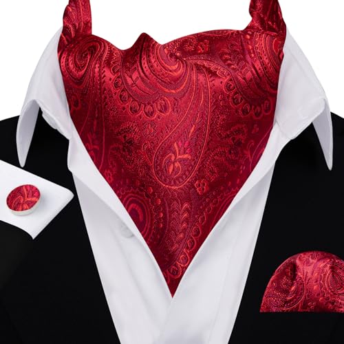 Image of Barry.Wang Ascot Ties Cravat Tie Men Paisley Plaid Scarf Self Tie Pocket Square Cufflinks Set Wedding Party