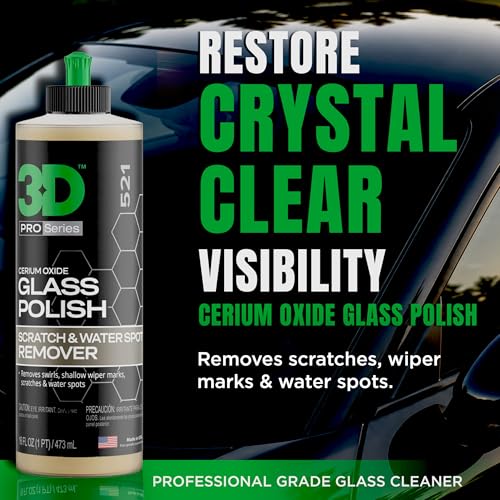 Image of 3D Glass Polish - Cerium-Oxide Based Window Polish, Light & Fine Glass Scratch Remover for Car Windows - Restores Clarity & Removes Wiper Marks, Swirls, Water Spots - 16oz (Pack of 2)