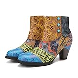  Camfosy Damen Stiefeletten Leder mit Absatz,Bunte Blume Kurzschaft Stiefel Elegent Frau rutschfest Vintage Schlupfstiefel Mode Party Winterschuhe Herbst Damenschuhe Blau 42 EU