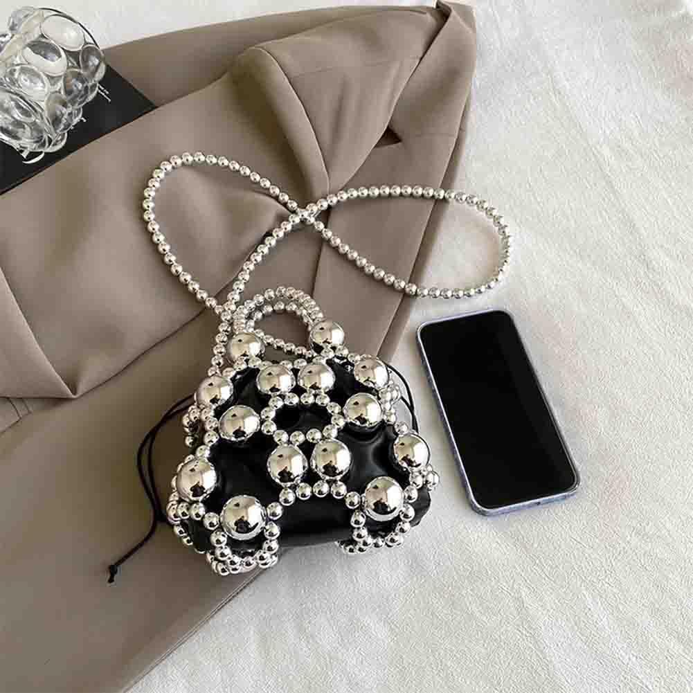 Women's Light Luxury Beaded Pearl Bag, Darkness Fashion Hollow Shoulder Clutch, Ball Woven Jewelry Handbag For Party Wedding