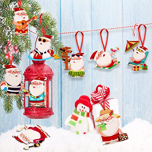 36 Pieces Beach Santa Figurine Ornament Christmas Wooden Beach Decor Hawaiian Figurines Hanging Ornament With Rope For Christmas Wall Decorations Wedding Party Decorations #TOP6