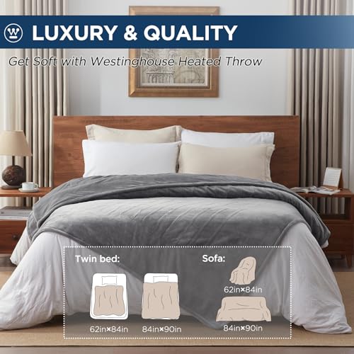 Westinghouse Electric Blanket King Size, Super Cozy Soft Flannel 100"" x 90"" Heated Blanket with 10 Fast Heating Levels & 1-12 Auto-Off, Machine Washable, ETL&FCC Certification, Light Grey