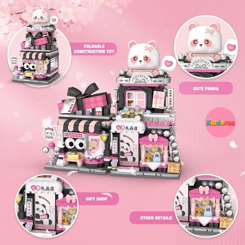 Image of Kawaii Panda Gift Shop Mini Building Blocks Set, 938+ PCS Cute Street View Architecture Model Kit for Teens & Adults 14+ | Mini Brick Collectible Decor Toy | 1 Year Manufacturing Warranty