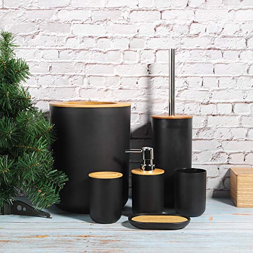 Wakects Set di 6 Accessori da Bagno, Dispenser di Sapone, Portasapone, Portaspazzolino, Tazza di Risciacquo, Porta Scopino per WC, Pattumiera, Set da Bagno Completo da 6 Pezzi, in PP e bambù (Nero) Wakects Set di 6 Accessori da Bagno, Dispenser di Sapone, Portasapone, Portaspazzolino, Tazza di Risciacquo, Porta Scopino per WC, Pattumiera, Set da Bagno Completo da 6 Pezzi, in PP e bambù (Nero)