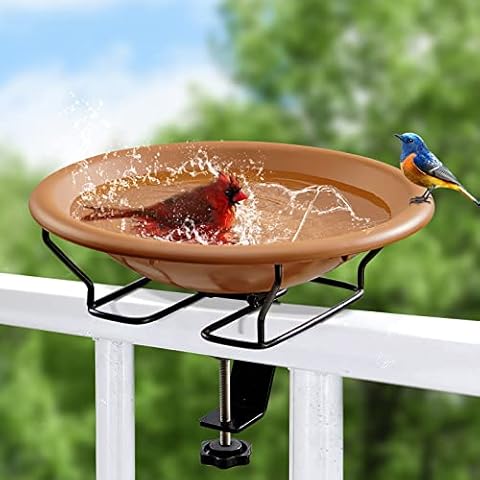 Jealoeur Bird Bath Deck Mounted 12 Inches, Deck Adjustable Steel Clamp 3.5 Inches, Balcony Railing Birdbaths Unheated(Brown) Cover